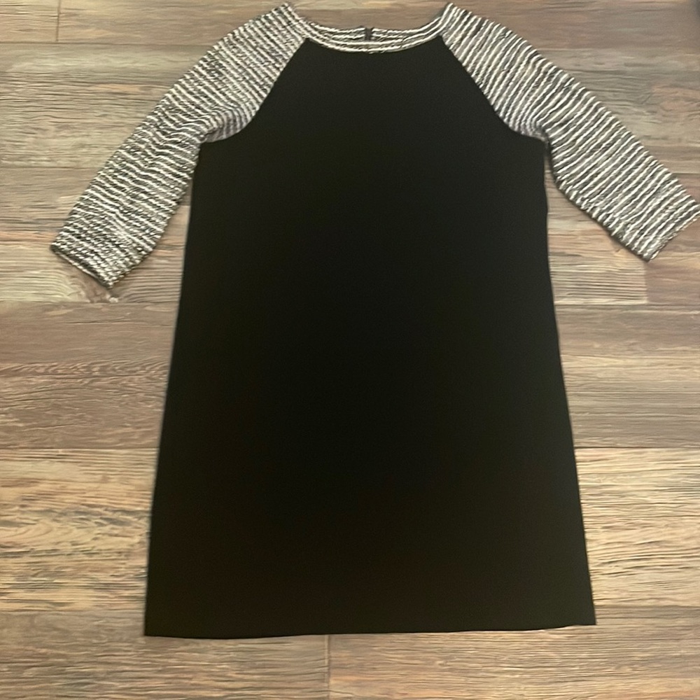 Loft 3/4 sleeve black dress with black and white sleeves. Size 6 petite.